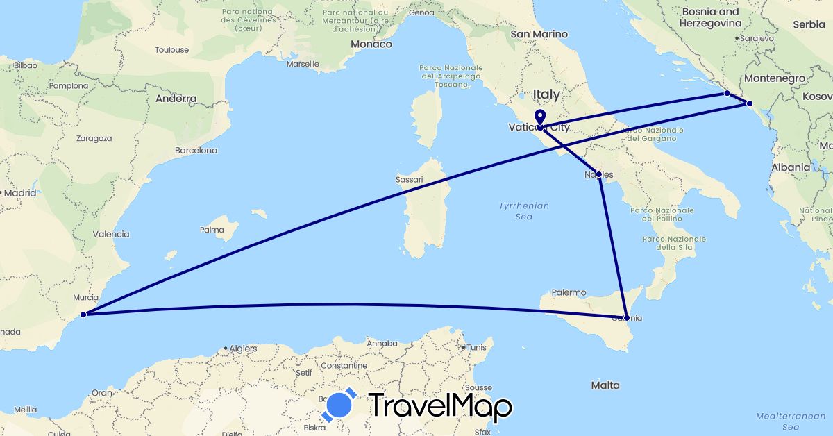TravelMap itinerary: driving in Spain, Croatia, Italy, Montenegro (Europe)